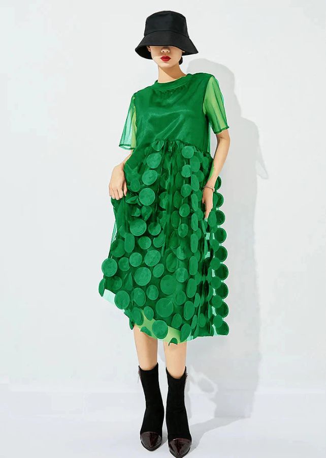 Women Tea Green O-Neck Patchwork Dot Tulle Holiday Dress Summer Women Tea Green O-Neck Patchwork Dot Tulle Holiday Dress Summer