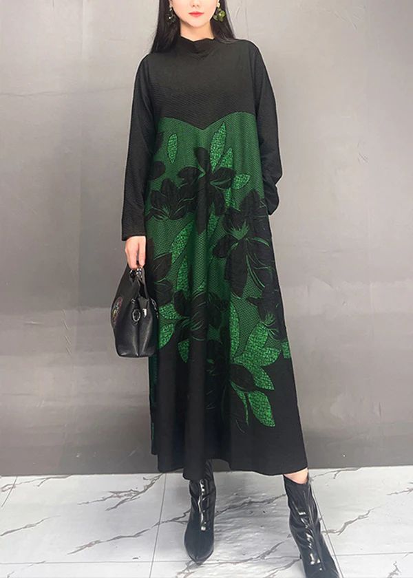 Art Black Stand Collar Print Patchwork Cotton Dresses Fall Art Black Stand Collar Print Patchwork Cotton Dresses Fall