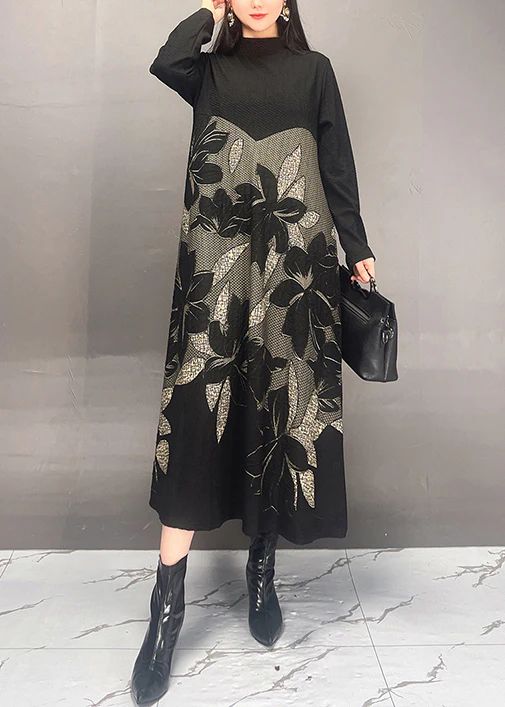 Art Black Stand Collar Print Patchwork Cotton Dresses Fall Art Black Stand Collar Print Patchwork Cotton Dresses Fall