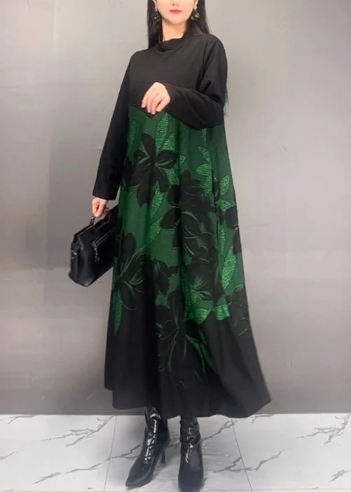 Art Black Stand Collar Print Patchwork Cotton Dresses Fall Art Black Stand Collar Print Patchwork Cotton Dresses Fall