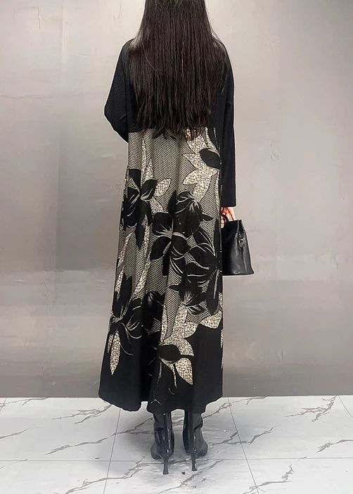 Art Black Stand Collar Print Patchwork Cotton Dresses Fall Art Black Stand Collar Print Patchwork Cotton Dresses Fall