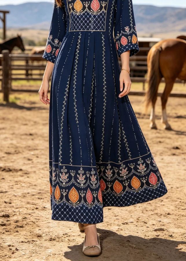 Boho Navy V Neck Print Cotton Maxi Dresses Bracelet Sleeve