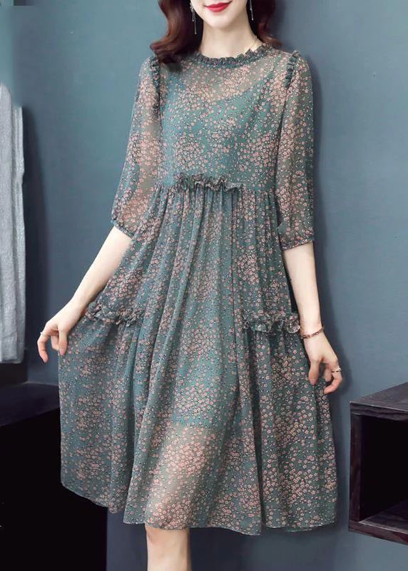 Boutique Green O-Neck Ruffled print Chiffon Dresses Half Sleeve