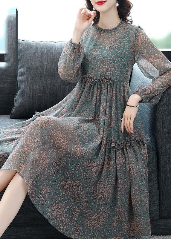 Boutique Green O-Neck Ruffled print Chiffon Dresses Half Sleeve Boutique Green O-Neck Ruffled print Chiffon Dresses Half Sleeve