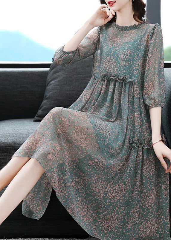 Boutique Green O-Neck Ruffled print Chiffon Dresses Half Sleeve Boutique Green O-Neck Ruffled print Chiffon Dresses Half Sleeve