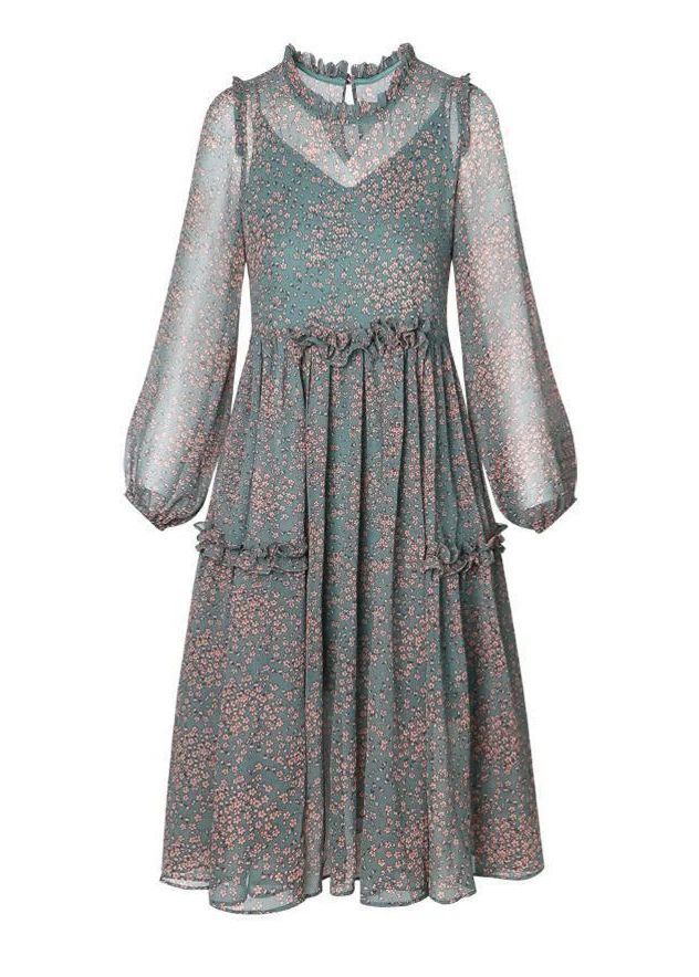 Boutique Green O-Neck Ruffled print Chiffon Dresses Half Sleeve Boutique Green O-Neck Ruffled print Chiffon Dresses Half Sleeve