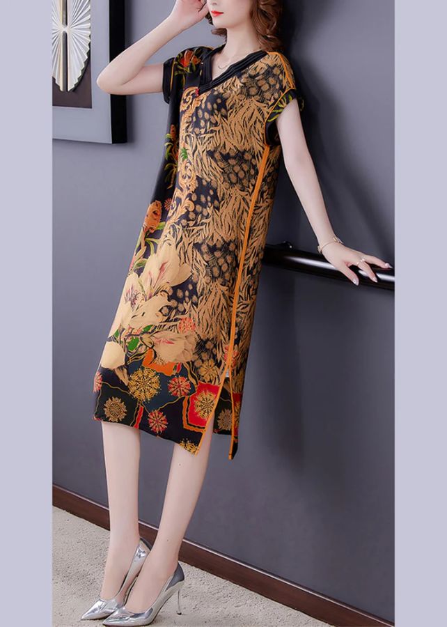 Boutique Khaki Print V Neck Side Open Silk Dress For Mother Short Sleeve
