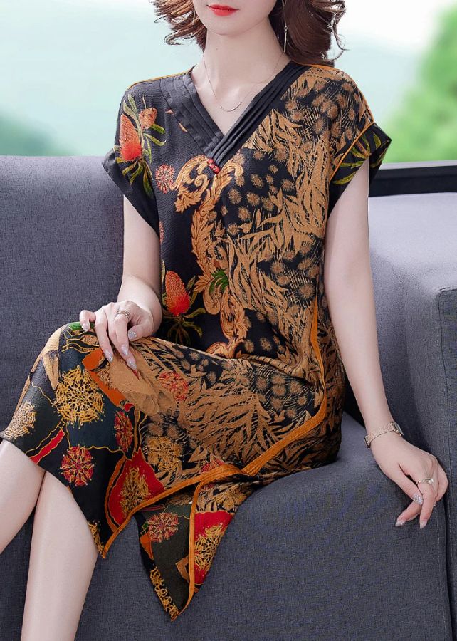 Boutique Khaki Print V Neck Side Open Silk Dress For Mother Short Sleeve