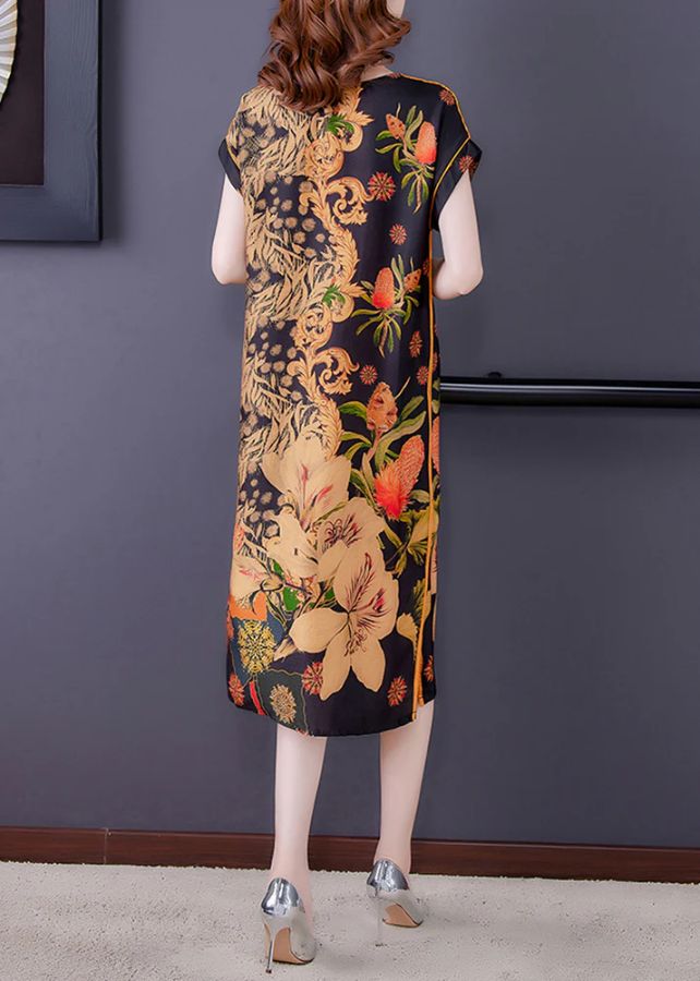 Boutique Khaki Print V Neck Side Open Silk Dress For Mother Short Sleeve