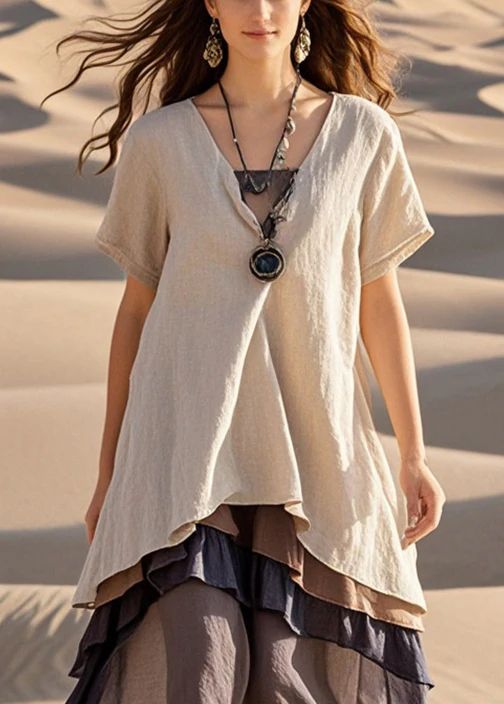 Casual Apricot Oversized Patchwork Cotton Fake Two Piece Dress Summer Casual Apricot Oversized Patchwork Cotton Fake Two Piece Dress Summer
