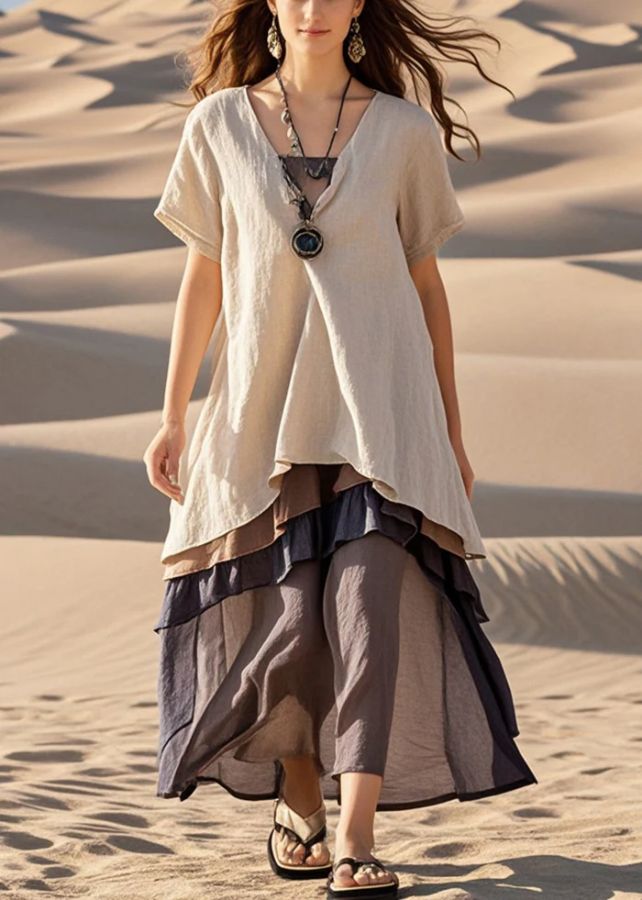 Casual Apricot Oversized Patchwork Cotton Fake Two Piece Dress Summer Casual Apricot Oversized Patchwork Cotton Fake Two Piece Dress Summer
