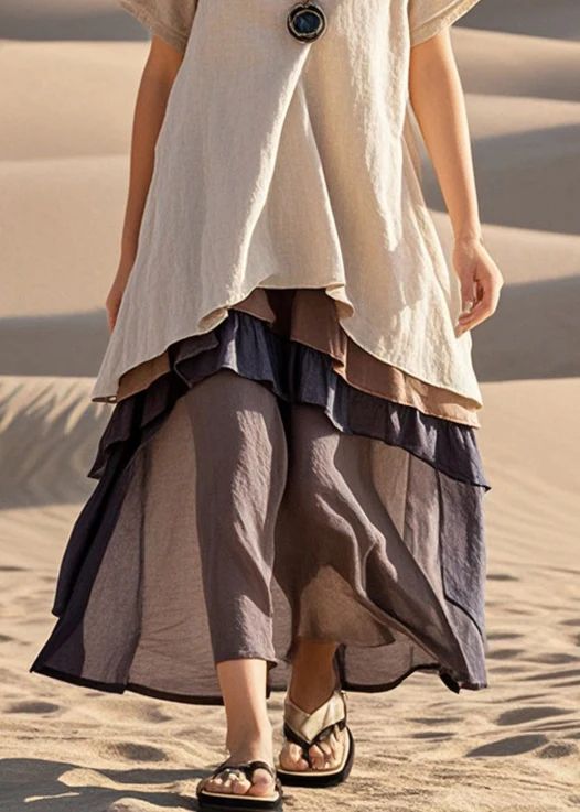 Casual Apricot Oversized Patchwork Cotton Fake Two Piece Dress Summer Casual Apricot Oversized Patchwork Cotton Fake Two Piece Dress Summer