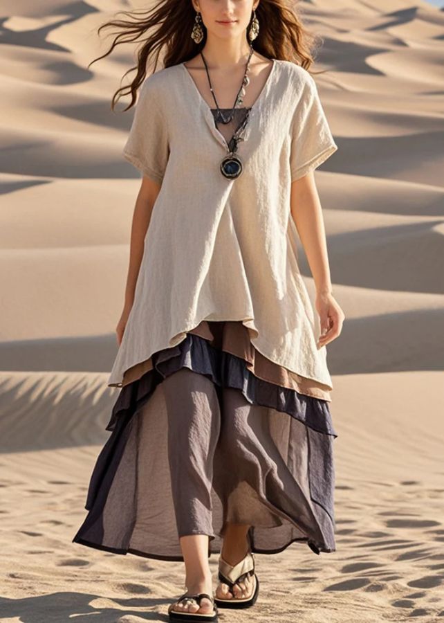 Casual Apricot Oversized Patchwork Cotton Fake Two Piece Dress Summer Casual Apricot Oversized Patchwork Cotton Fake Two Piece Dress Summer