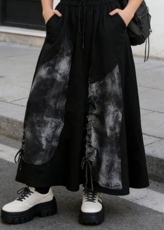 Casual Black Pockets Print Drawstring Cotton Skirt Summer