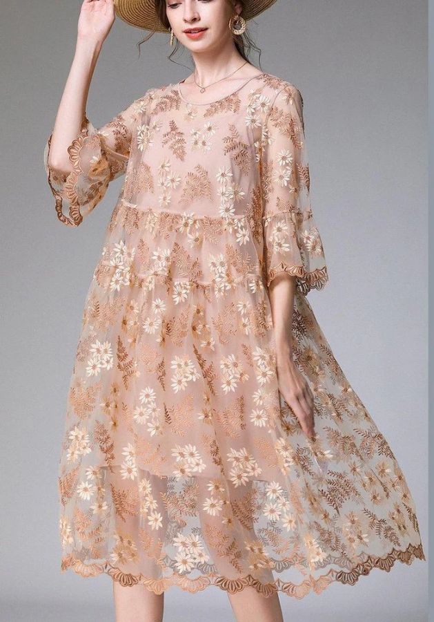 Chic Beige Embroidery O-Neck Summer Holiday Dress Chic Beige Embroidery O-Neck Summer Holiday Dress