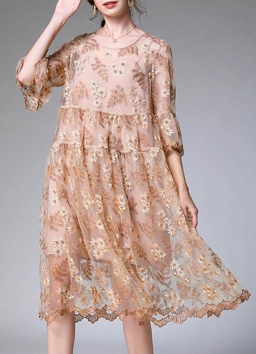 Chic Beige Embroidery O-Neck Summer Holiday Dress Chic Beige Embroidery O-Neck Summer Holiday Dress