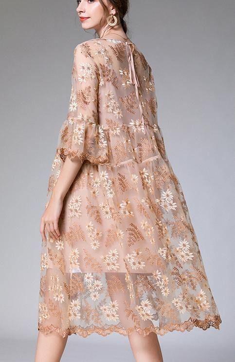 Chic Beige Embroidery O-Neck Summer Holiday Dress Chic Beige Embroidery O-Neck Summer Holiday Dress
