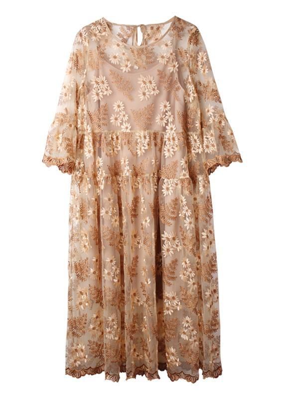 Chic Beige Embroidery O-Neck Summer Holiday Dress Chic Beige Embroidery O-Neck Summer Holiday Dress