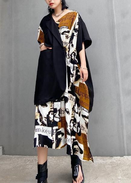 Classy black patchwork floral Cotton quilting dresses asymmetric short Dresses
