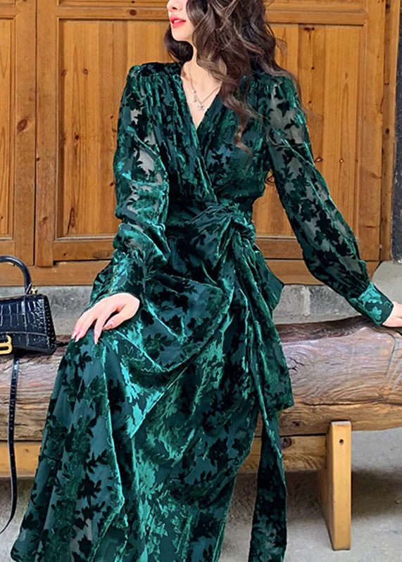 DIY Green V Neck Print Silk Velour Tie Waist Maxi Dresses Fall DIY Green V Neck Print Silk Velour Tie Waist Maxi Dresses Fall