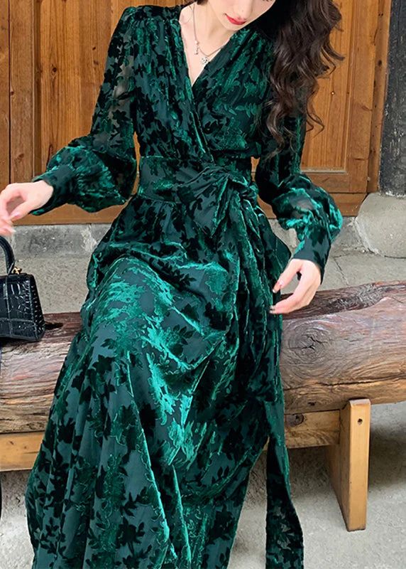 DIY Green V Neck Print Silk Velour Tie Waist Maxi Dresses Fall DIY Green V Neck Print Silk Velour Tie Waist Maxi Dresses Fall