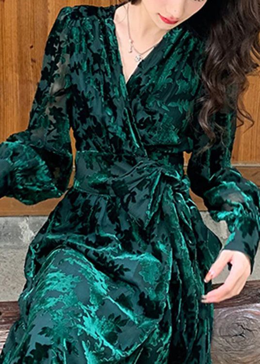 DIY Green V Neck Print Silk Velour Tie Waist Maxi Dresses Fall DIY Green V Neck Print Silk Velour Tie Waist Maxi Dresses Fall