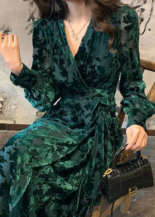 DIY Green V Neck Print Silk Velour Tie Waist Maxi Dresses Fall DIY Green V Neck Print Silk Velour Tie Waist Maxi Dresses Fall