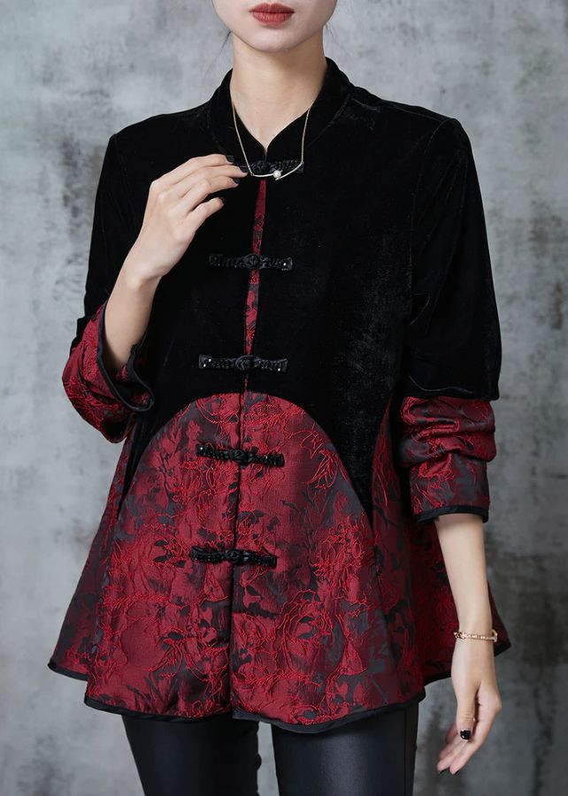 Elegant Black Chinese Button Patchwork Velvet Oriental Coats Fall Elegant Black Chinese Button Patchwork Velvet Oriental Coats Fall