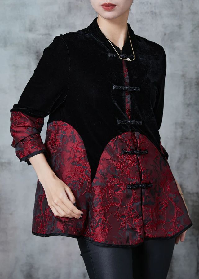 Elegant Black Chinese Button Patchwork Velvet Oriental Coats Fall Elegant Black Chinese Button Patchwork Velvet Oriental Coats Fall