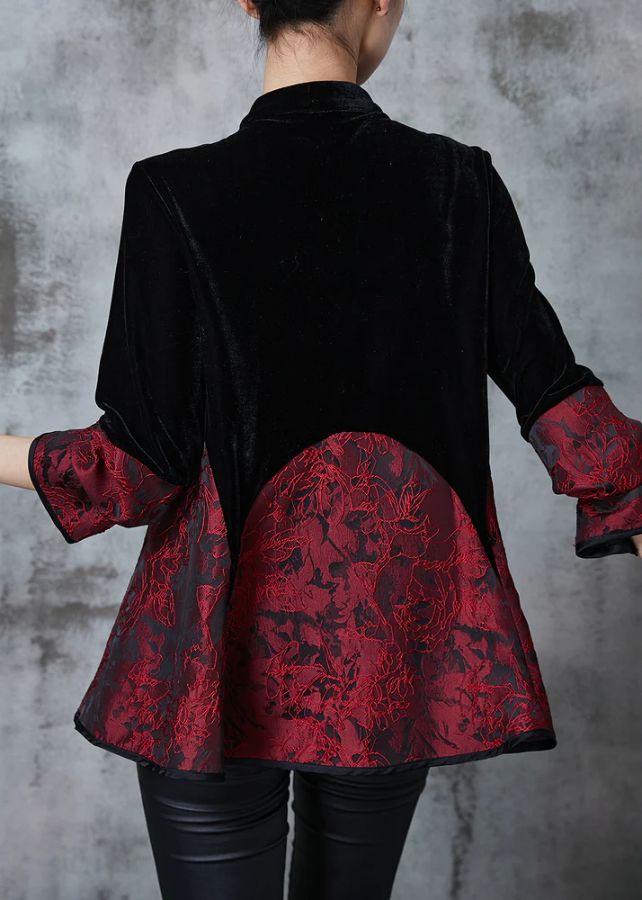 Elegant Black Chinese Button Patchwork Velvet Oriental Coats Fall Elegant Black Chinese Button Patchwork Velvet Oriental Coats Fall