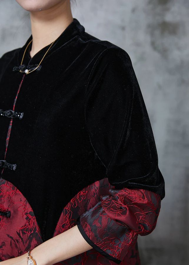 Elegant Black Chinese Button Patchwork Velvet Oriental Coats Fall Elegant Black Chinese Button Patchwork Velvet Oriental Coats Fall