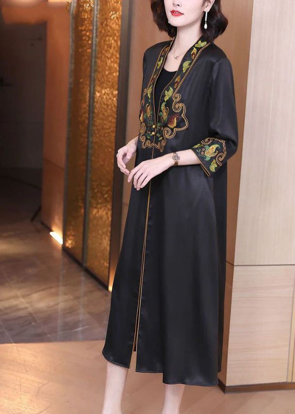 Elegant Black V Neck Print Draping Silk Long Cardigans Bracelet Sleeve Elegant Black V Neck Print Draping Silk Long Cardigans Bracelet Sleeve