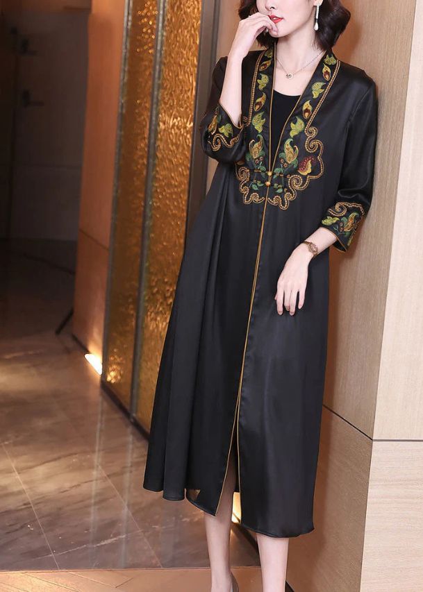 Elegant Black V Neck Print Draping Silk Long Cardigans Bracelet Sleeve Elegant Black V Neck Print Draping Silk Long Cardigans Bracelet Sleeve