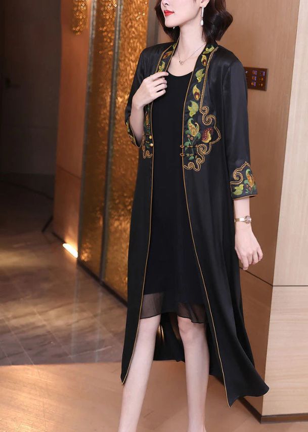 Elegant Black V Neck Print Draping Silk Long Cardigans Bracelet Sleeve Elegant Black V Neck Print Draping Silk Long Cardigans Bracelet Sleeve