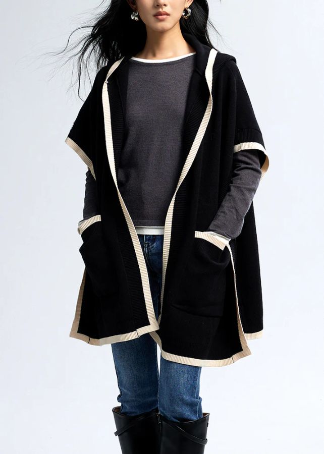Fashion Black Hooded Pockets Knit Loose Cardigan Fall Fashion Black Hooded Pockets Knit Loose Cardigan Fall