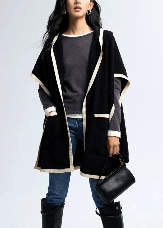 Fashion Black Hooded Pockets Knit Loose Cardigan Fall Fashion Black Hooded Pockets Knit Loose Cardigan Fall