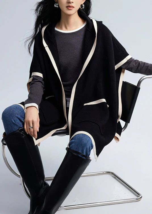Fashion Black Hooded Pockets Knit Loose Cardigan Fall Fashion Black Hooded Pockets Knit Loose Cardigan Fall