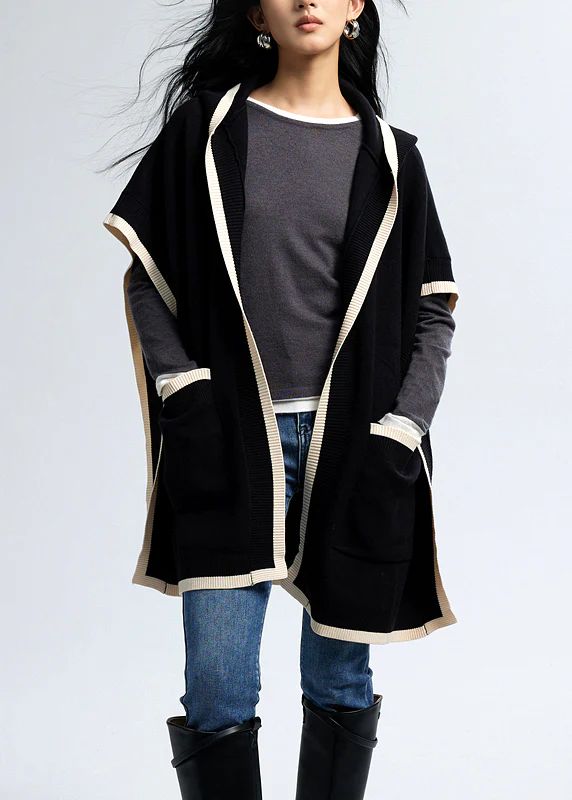 Fashion Black Hooded Pockets Knit Loose Cardigan Fall Fashion Black Hooded Pockets Knit Loose Cardigan Fall