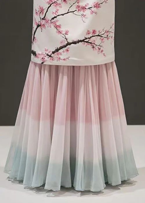 Fashion Pink Print False Two Pieces Chiffon Patchwork Skirts Summer