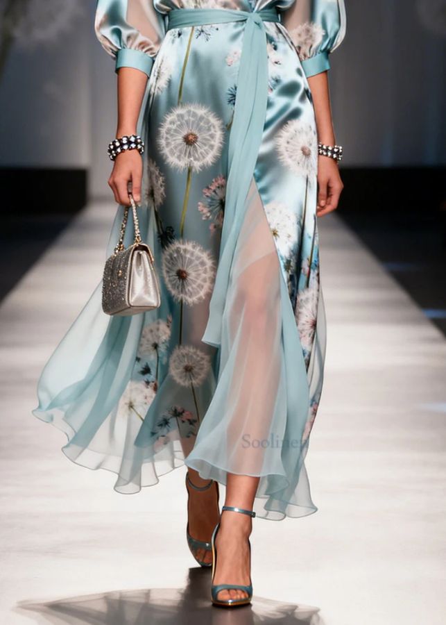 Fine Light Blue Tunic Dandelion Print Chiffon Long Dresses Summer