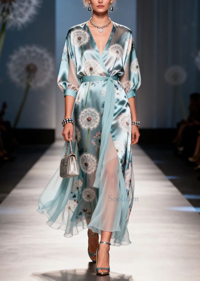 Fine Light Blue Tunic Dandelion Print Chiffon Long Dresses Summer
