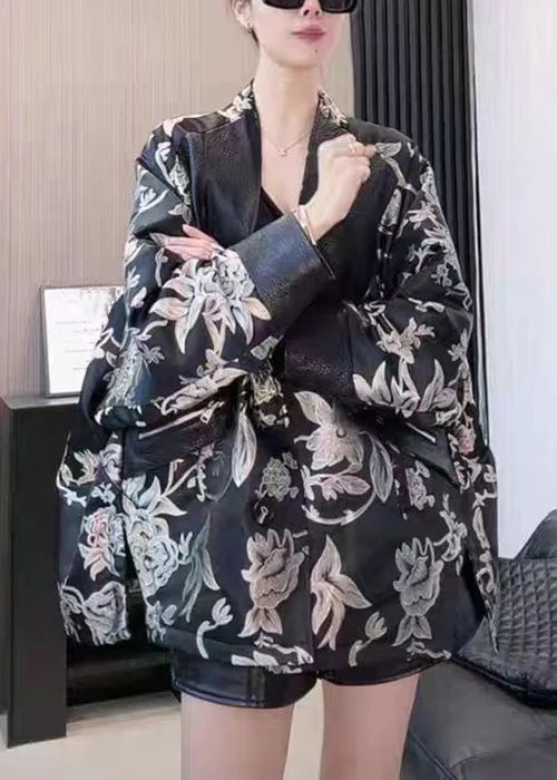 French Black V Neck Print Patchwork Faux Leather Coat Spring French Black V Neck Print Patchwork Faux Leather Coat Spring