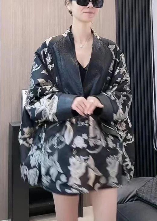 French Black V Neck Print Patchwork Faux Leather Coat Spring French Black V Neck Print Patchwork Faux Leather Coat Spring