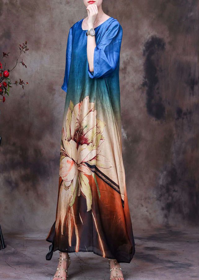 French Blue Gradient Color O-Neck Print Layered Silk Vacation Dress Half Sleeve French Blue Gradient Color O-Neck Print Layered Silk Vacation Dress Half Sleeve