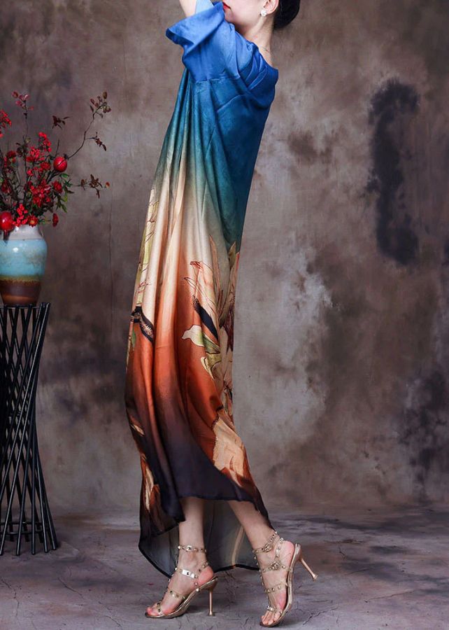 French Blue Gradient Color O-Neck Print Layered Silk Vacation Dress Half Sleeve French Blue Gradient Color O-Neck Print Layered Silk Vacation Dress Half Sleeve
