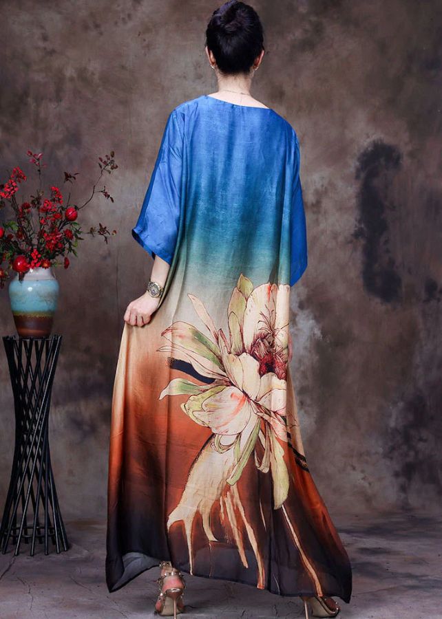 French Blue Gradient Color O-Neck Print Layered Silk Vacation Dress Half Sleeve French Blue Gradient Color O-Neck Print Layered Silk Vacation Dress Half Sleeve