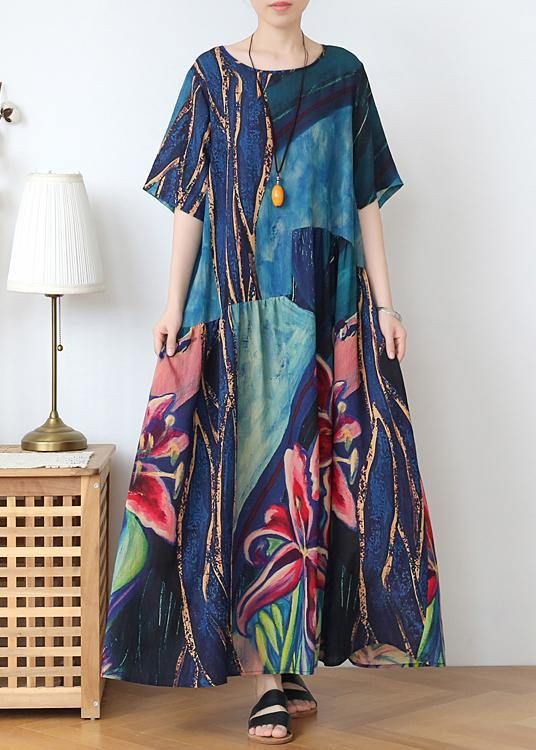 Italian blue print linen clothes o neck Extra large hem Dresses summer Dress