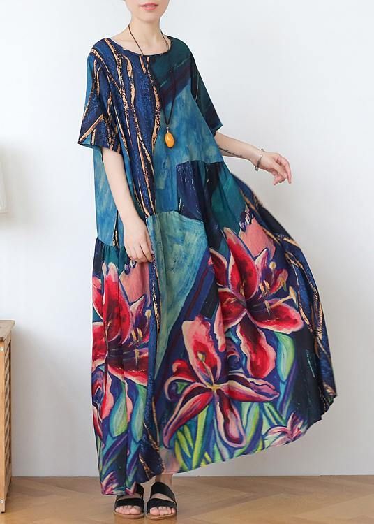 Italian blue print linen clothes o neck Extra large hem Dresses summer Dress Italian blue print linen clothes o neck Extra large hem Dresses summer Dress