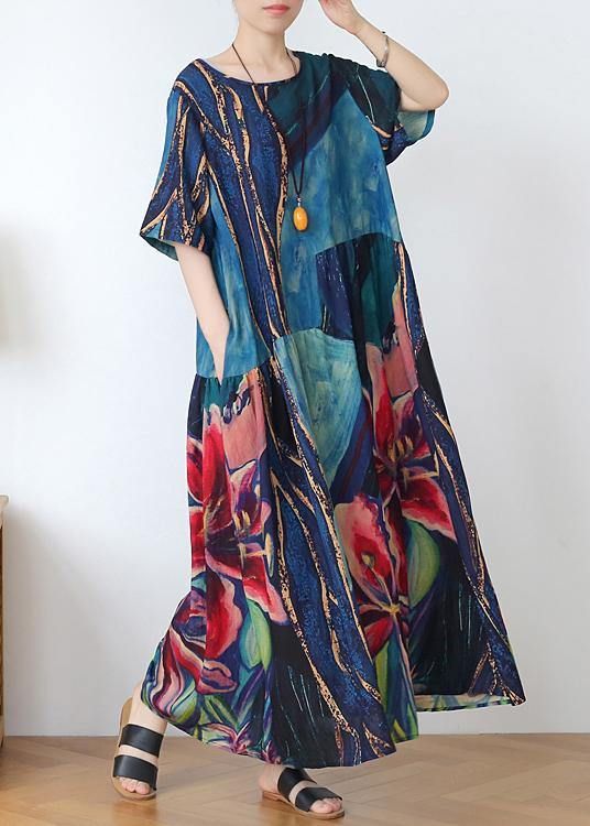 Italian blue print linen clothes o neck Extra large hem Dresses summer Dress Italian blue print linen clothes o neck Extra large hem Dresses summer Dress