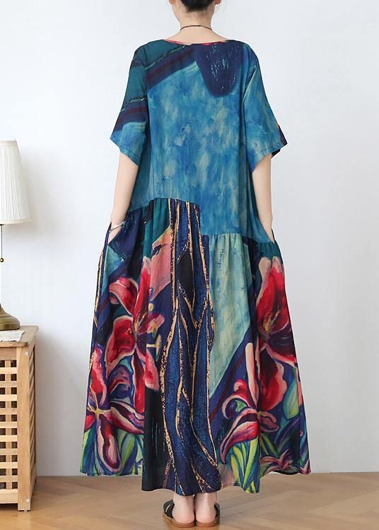 Italian blue print linen clothes o neck Extra large hem Dresses summer Dress Italian blue print linen clothes o neck Extra large hem Dresses summer Dress